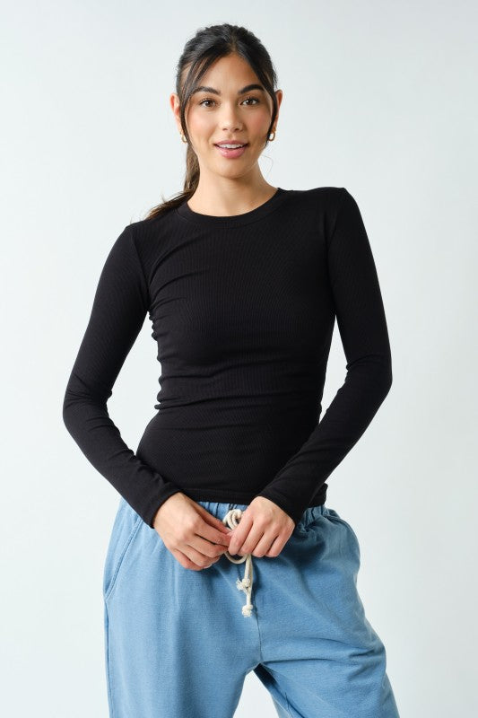 On Repeat Ribbed Long Sleeve Basic Top - Black