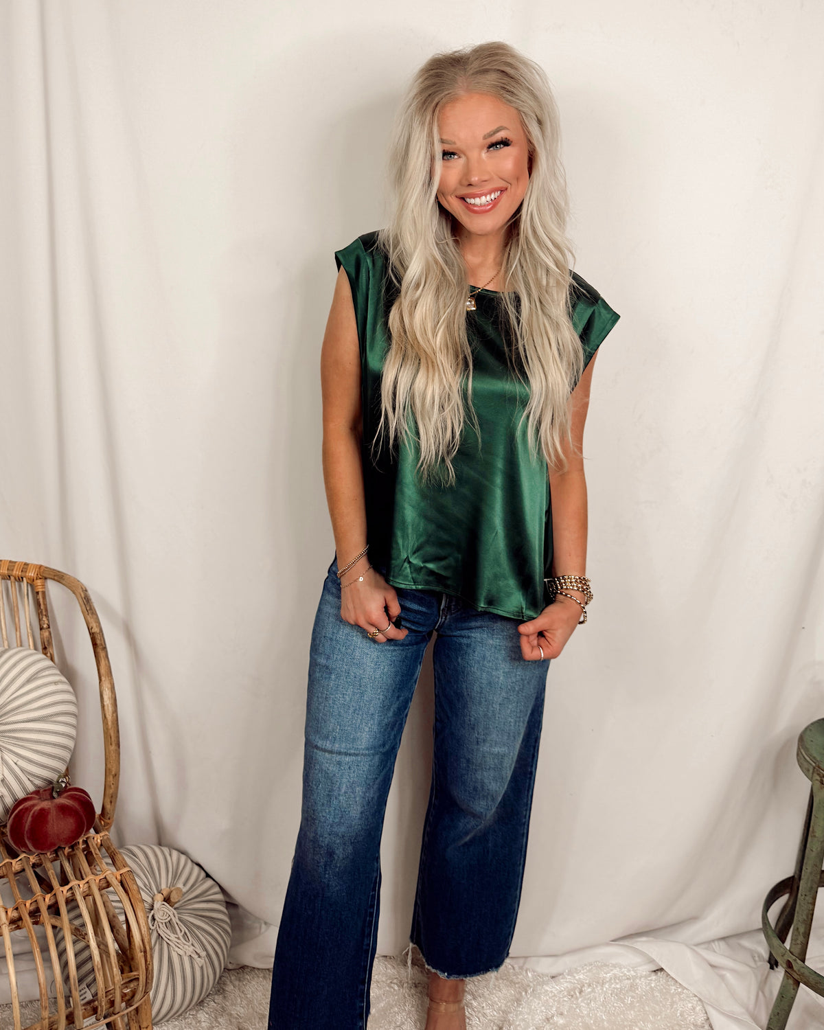 Swank Staple Satin Cap Sleeve Blouse in Emerald Green