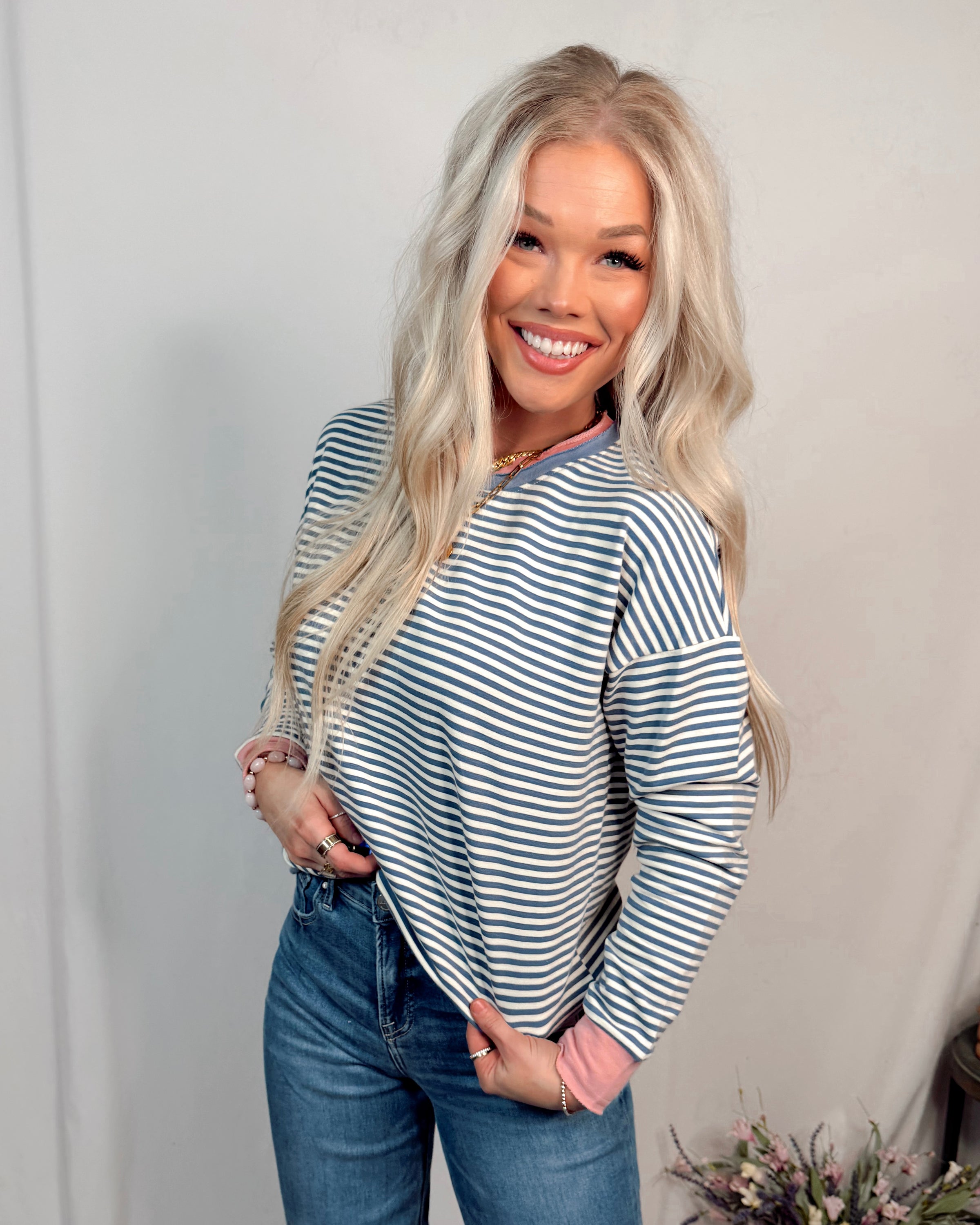 Favorite Find Striped Raw Edge Long Sleeve Top - Blue