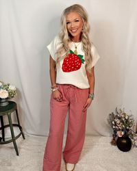 Strawberry Sweetheart Gingham Printed Woven Drawstring Pants - Red