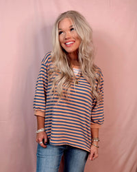 Boardwalk Breeze 3/4 Sleeve Striped Top - Denim and Coral