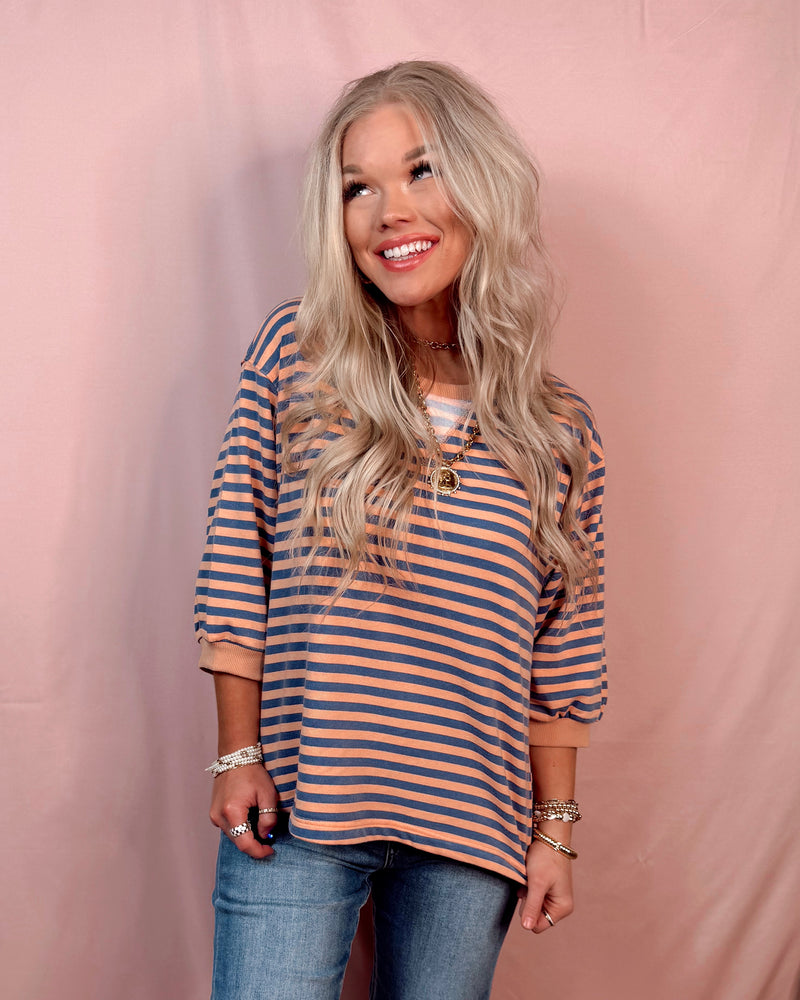 Boardwalk Breeze 3/4 Sleeve Striped Top - Denim and Coral