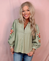 Elegant in Olive Stripes + Floral Embroidery Blouse
