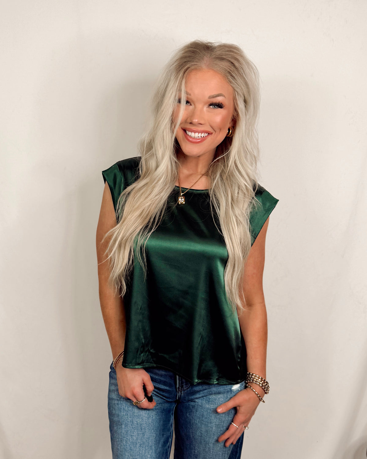 Swank Staple Satin Cap Sleeve Blouse in Emerald Green