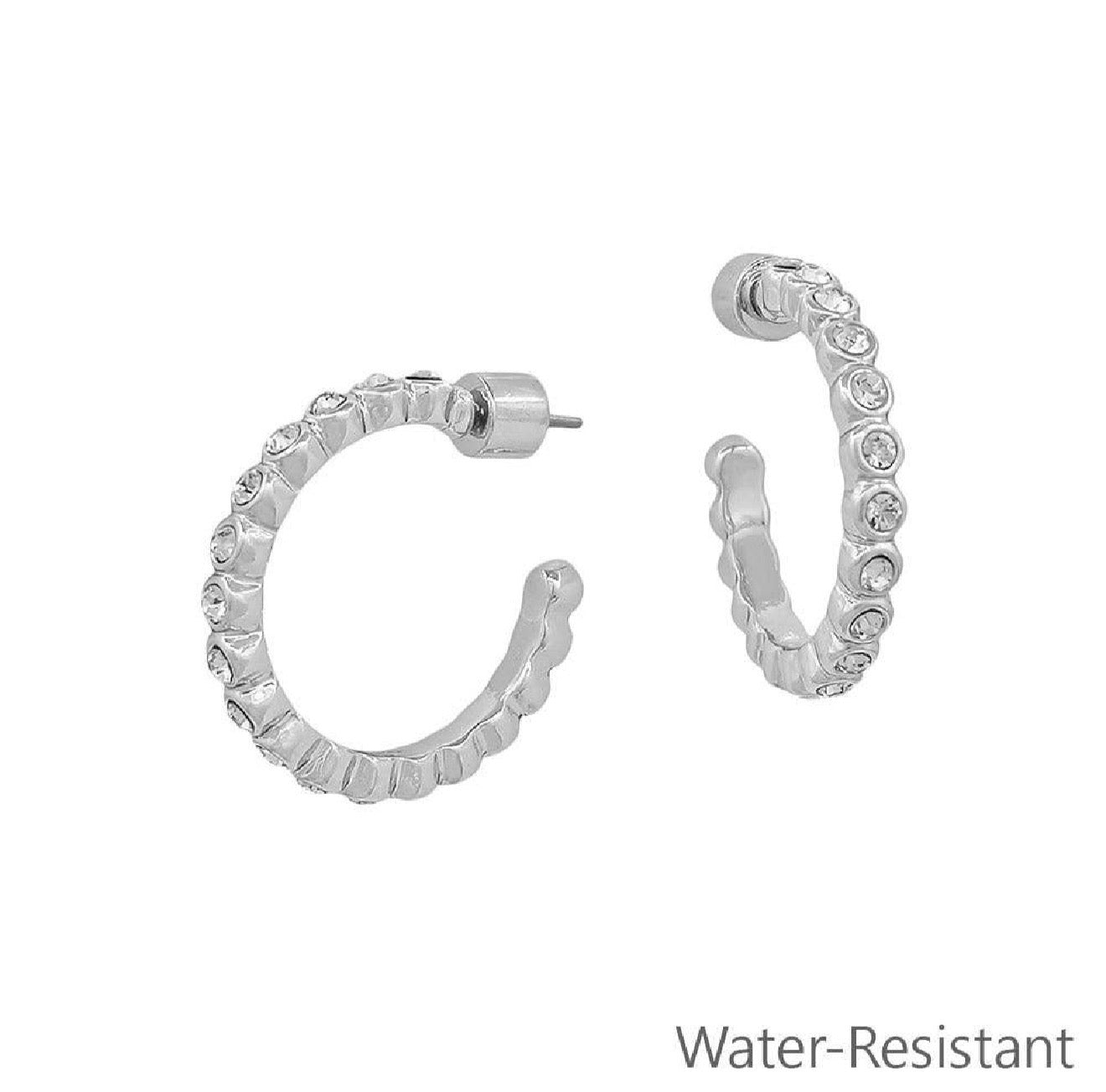 Weekend Ready - Silver Water Resistant 1" 2MM Gold Crystal Hoop Earrings
