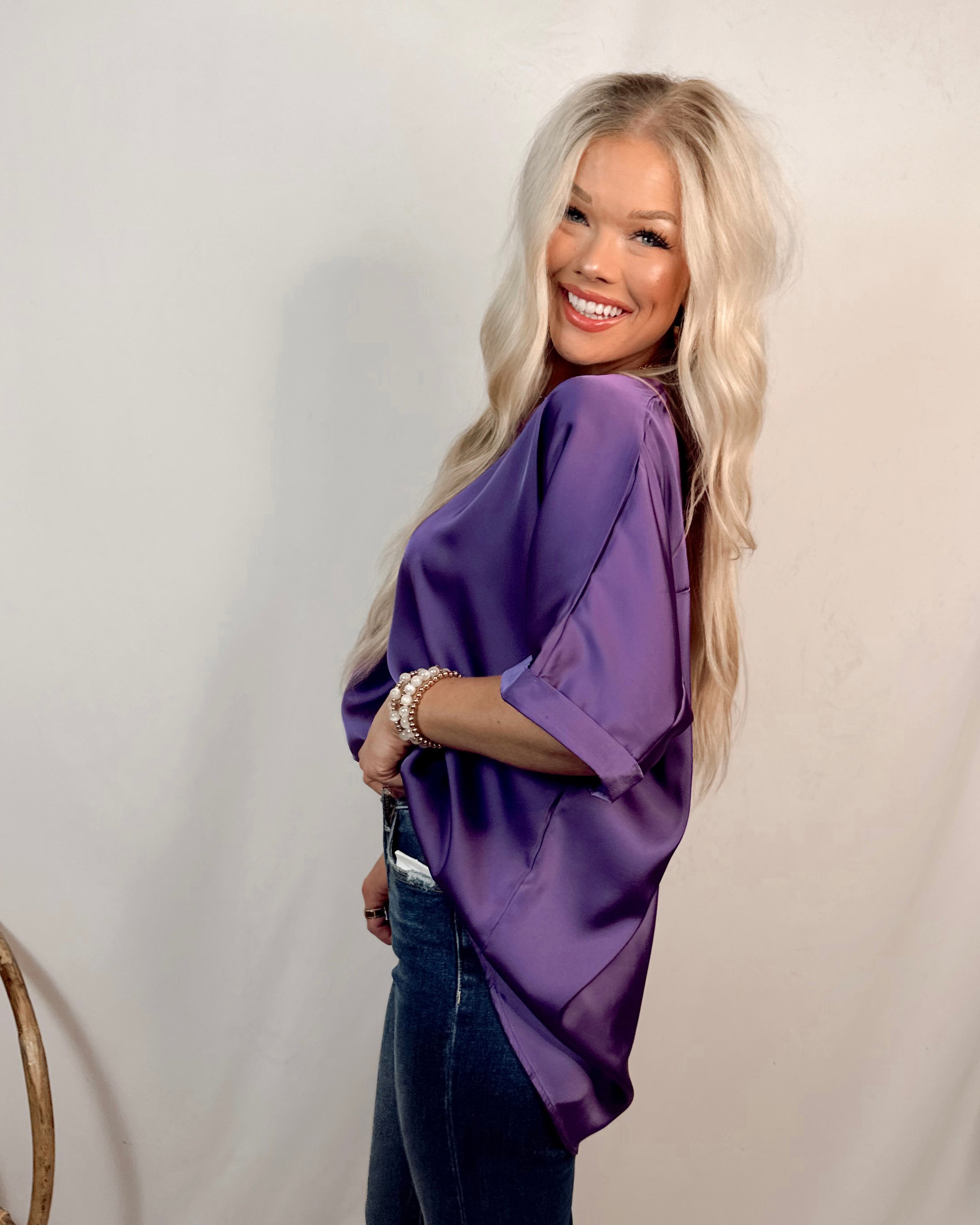 Sweet Serenity Satin V Neck Blouse - Purple