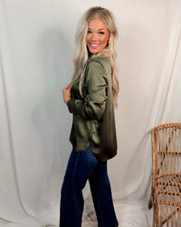 Closet Staple Crinkle Satin Long Sleeve Button Up Blouse - Olive Green