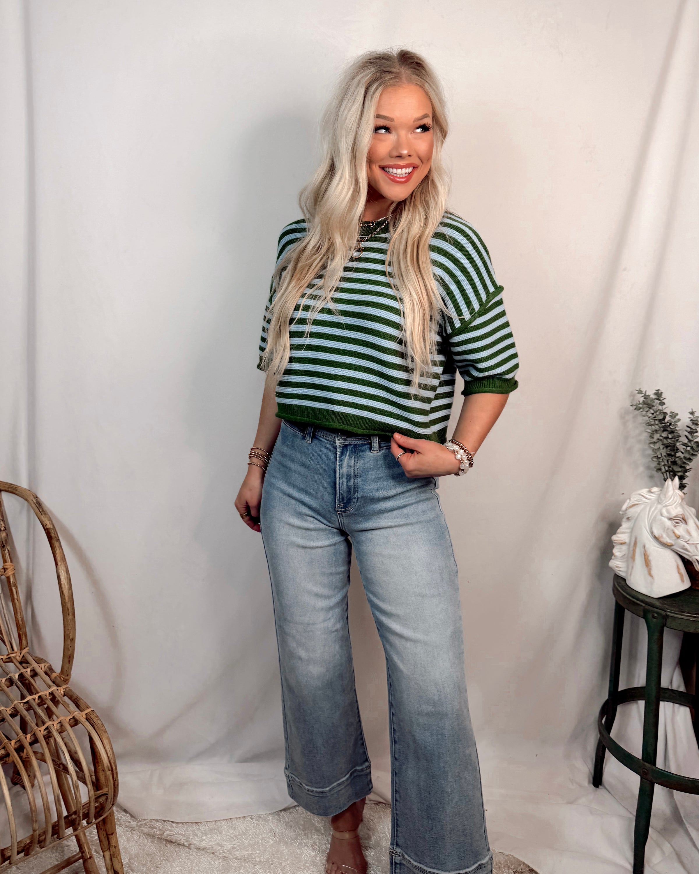 Fairway Striped Short Sleeve Knit Top - Green
