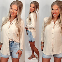 High Standards Hi-Low Button Up Tunic Blouse - Beige