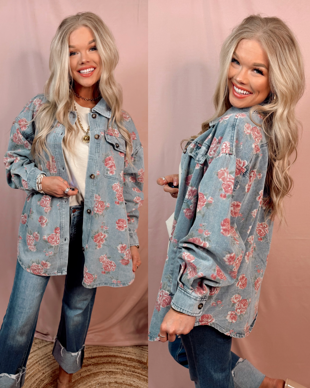 Vintage Vines Floral Print Denim Shacket