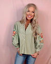 Elegant in Olive Stripes + Floral Embroidery Blouse
