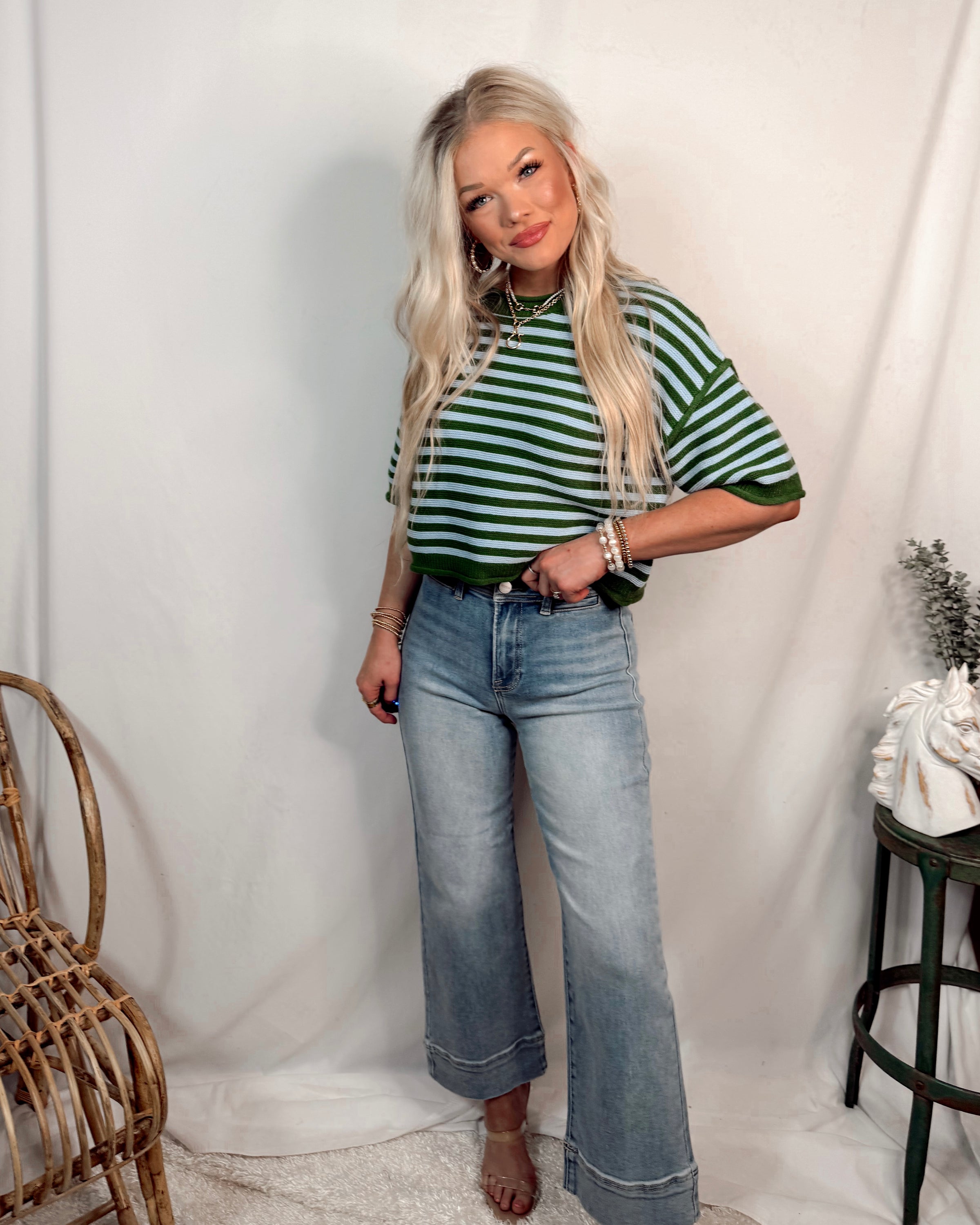 Fairway Striped Short Sleeve Knit Top - Green