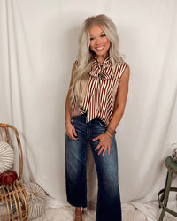 Sierra Sleek Satin Striped Sleeveless Neck Tie Blouse in Brown