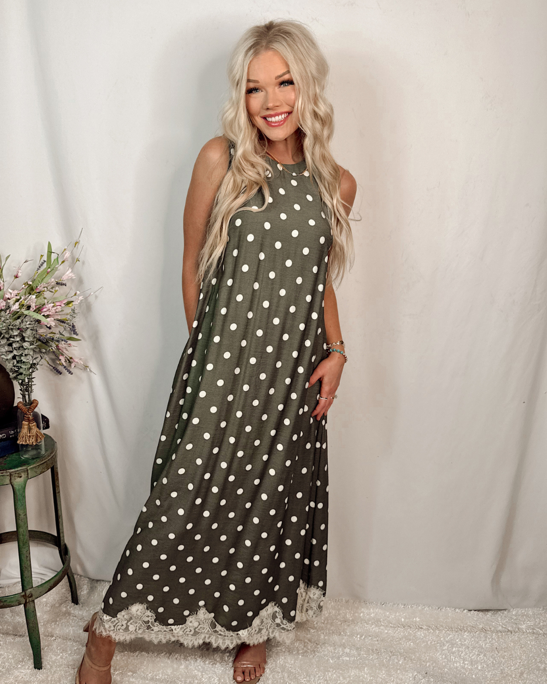 Pretty in Polka Printed Halter Neck Maxi Dress w/ Lace Trim - Olive