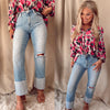 Caroline Cuffed High Rise Straight Leg Jeans - Light Wash