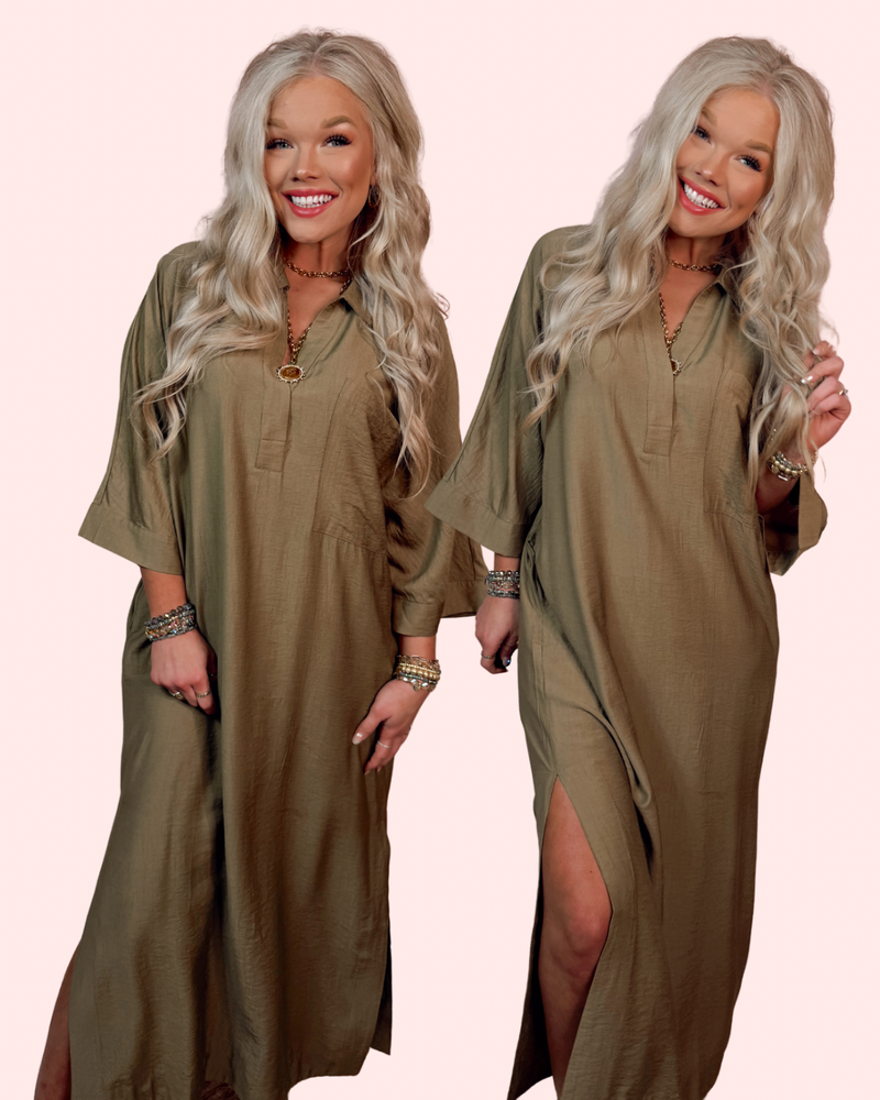 Effortlessly Poise Collared Midi Dress - Olive