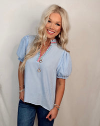Southern Coastal Chic Collared Striped Embroidered Detailed Blouse