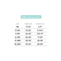 Baby sizing chart with height and weight measurements for different age groups.