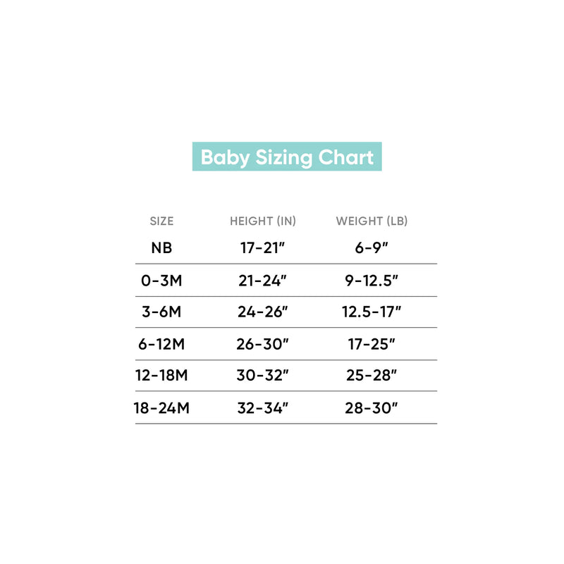Baby sizing chart with height and weight measurements for different age groups.