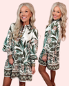Elegant Evergreen Printed Floral Long Sleeve Dress