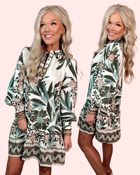 Elegant Evergreen Printed Floral Long Sleeve Dress