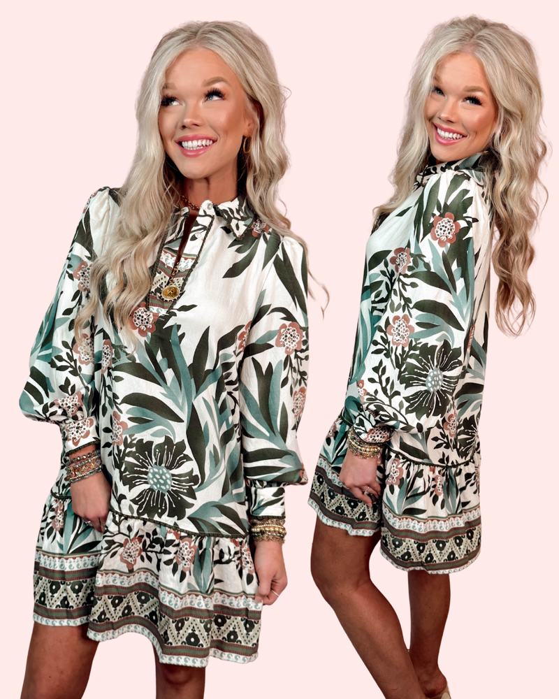 Elegant Evergreen Printed Floral Long Sleeve Dress