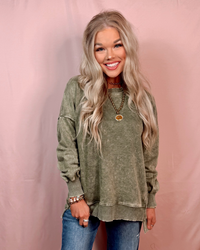 Above Average Acid Wash Hi-Low Pullover Sweater - Light Olive