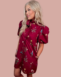 Merlot & Magnolias Floral Printed Bubble Sleeves Dress