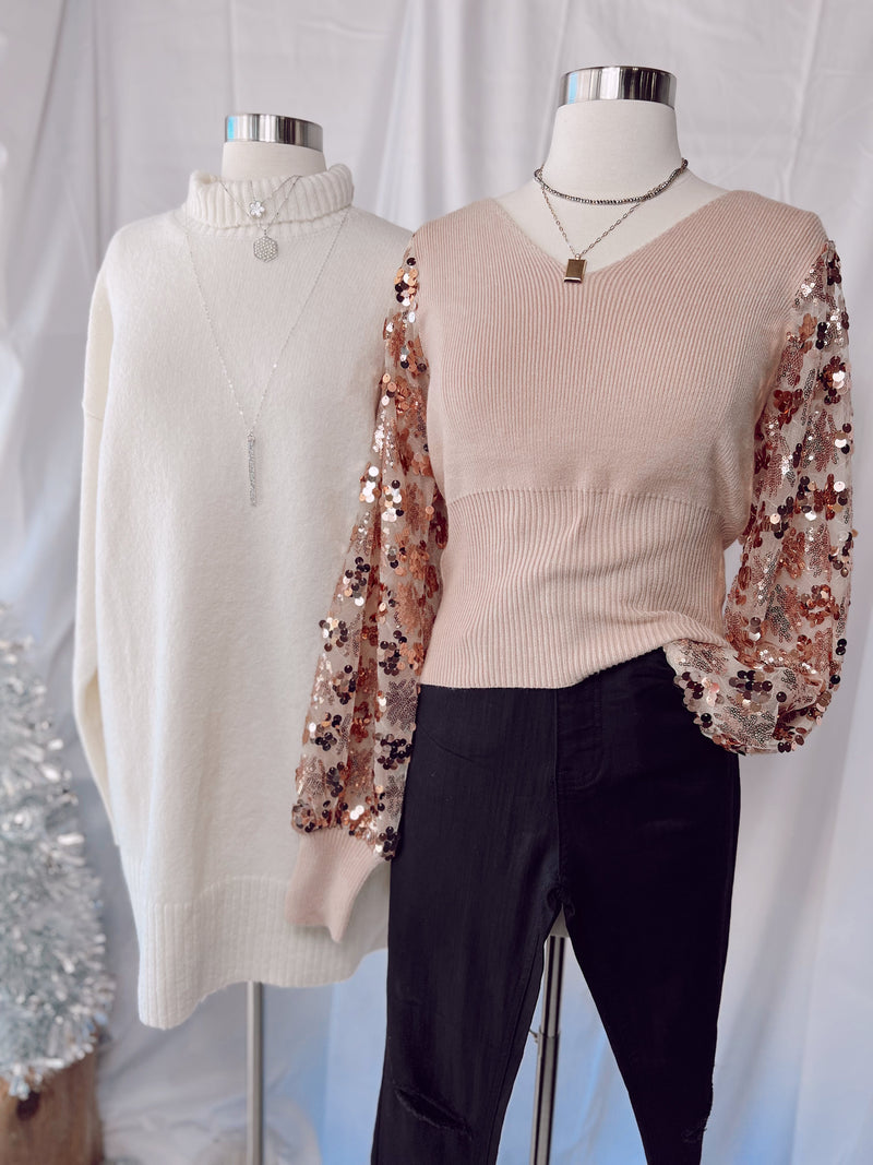 Rose Gold Haze Sequin Sleeve Top