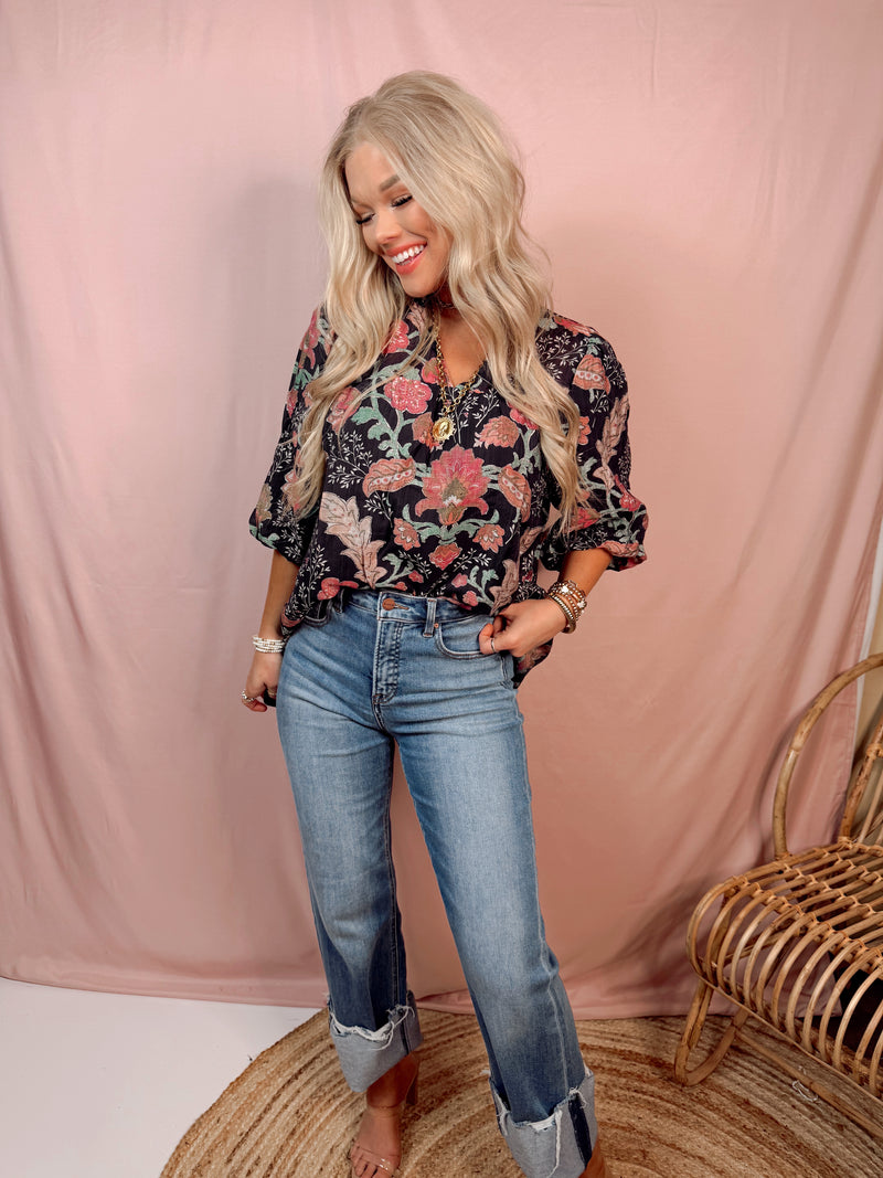 Moonlit Florals Printed Top - Black
