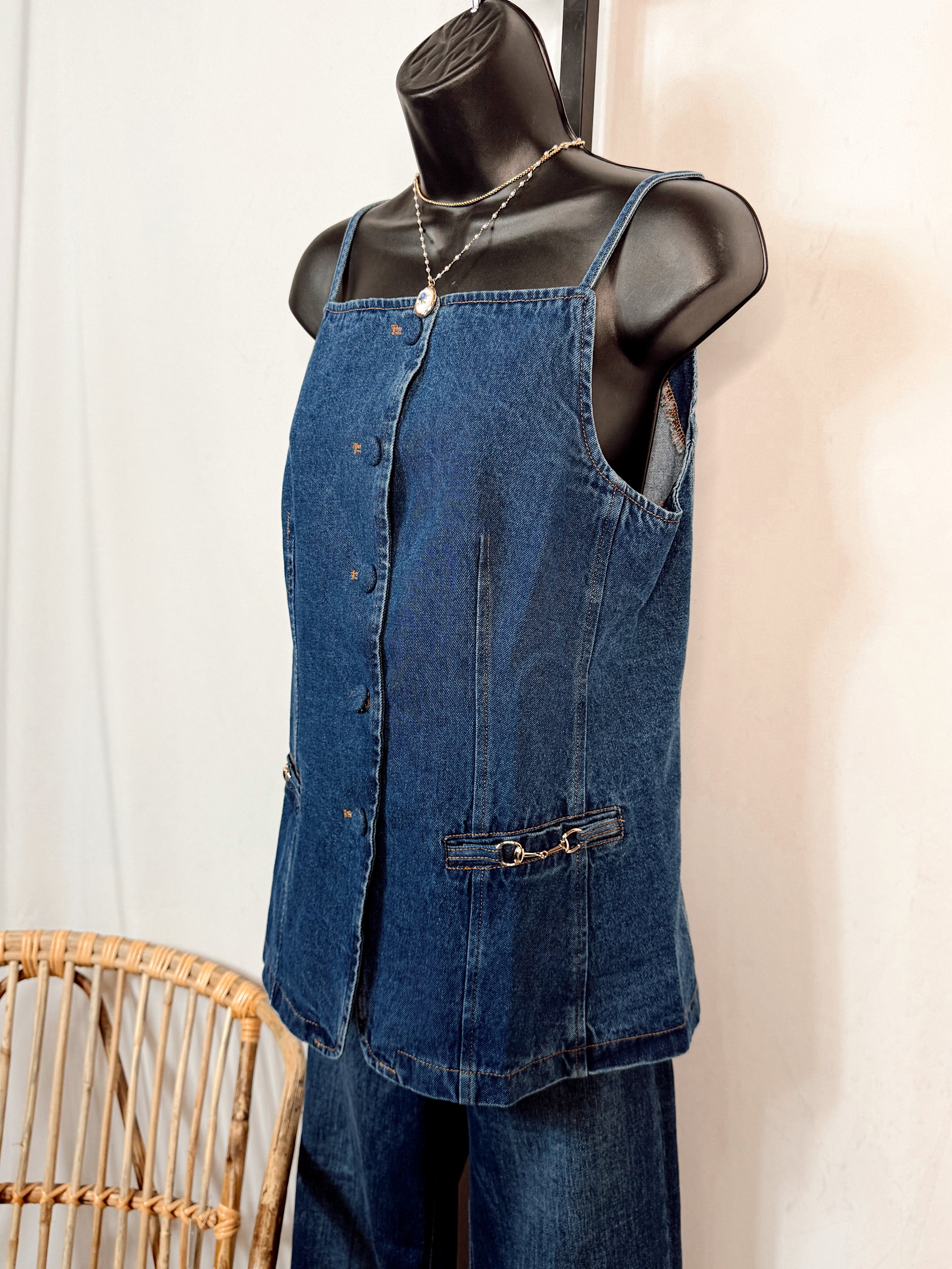 Denim Daydream Sleeveless Button Down Vest - Dark Denim