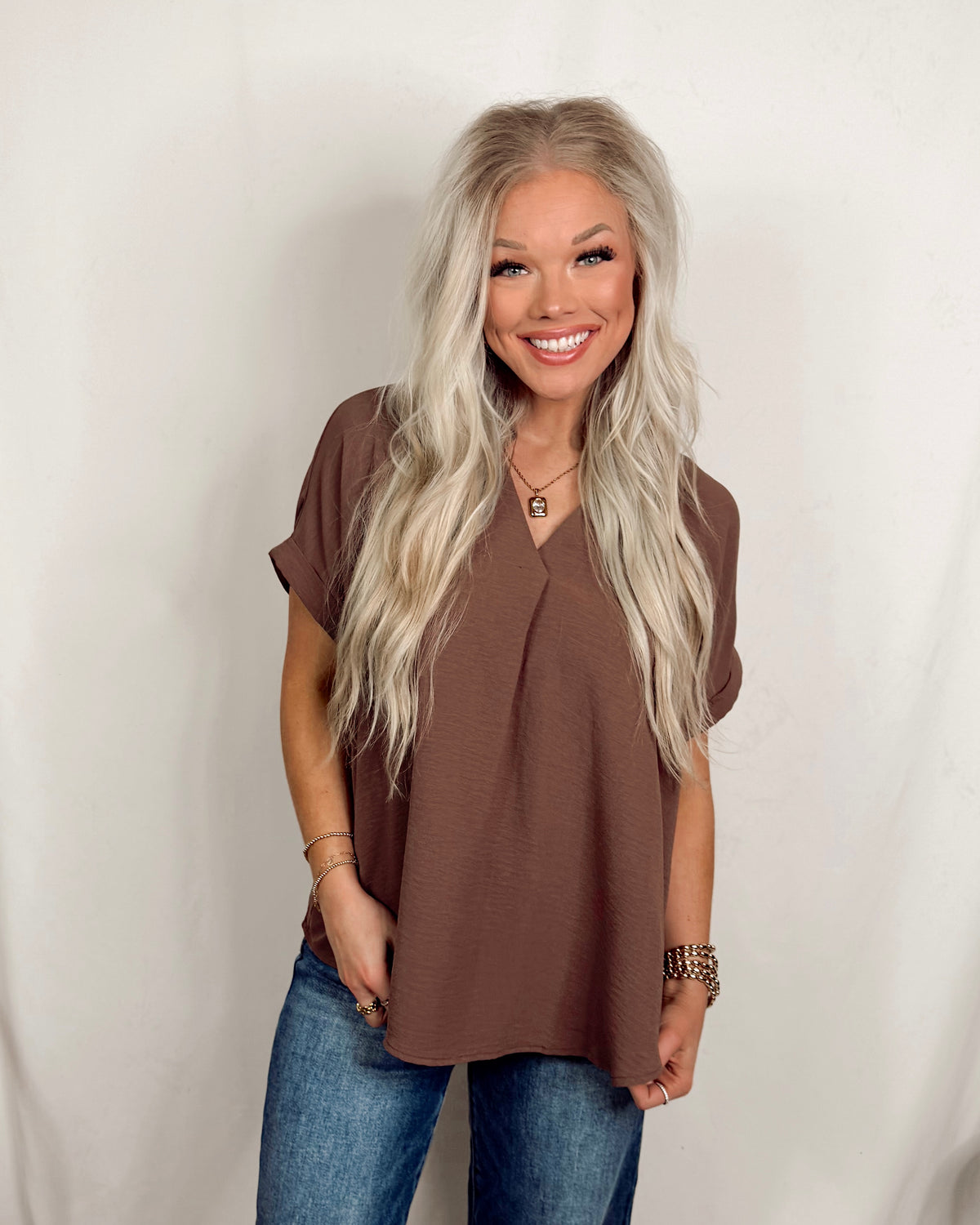 On the Daily Short Sleeve Basic Blouse - Mocha