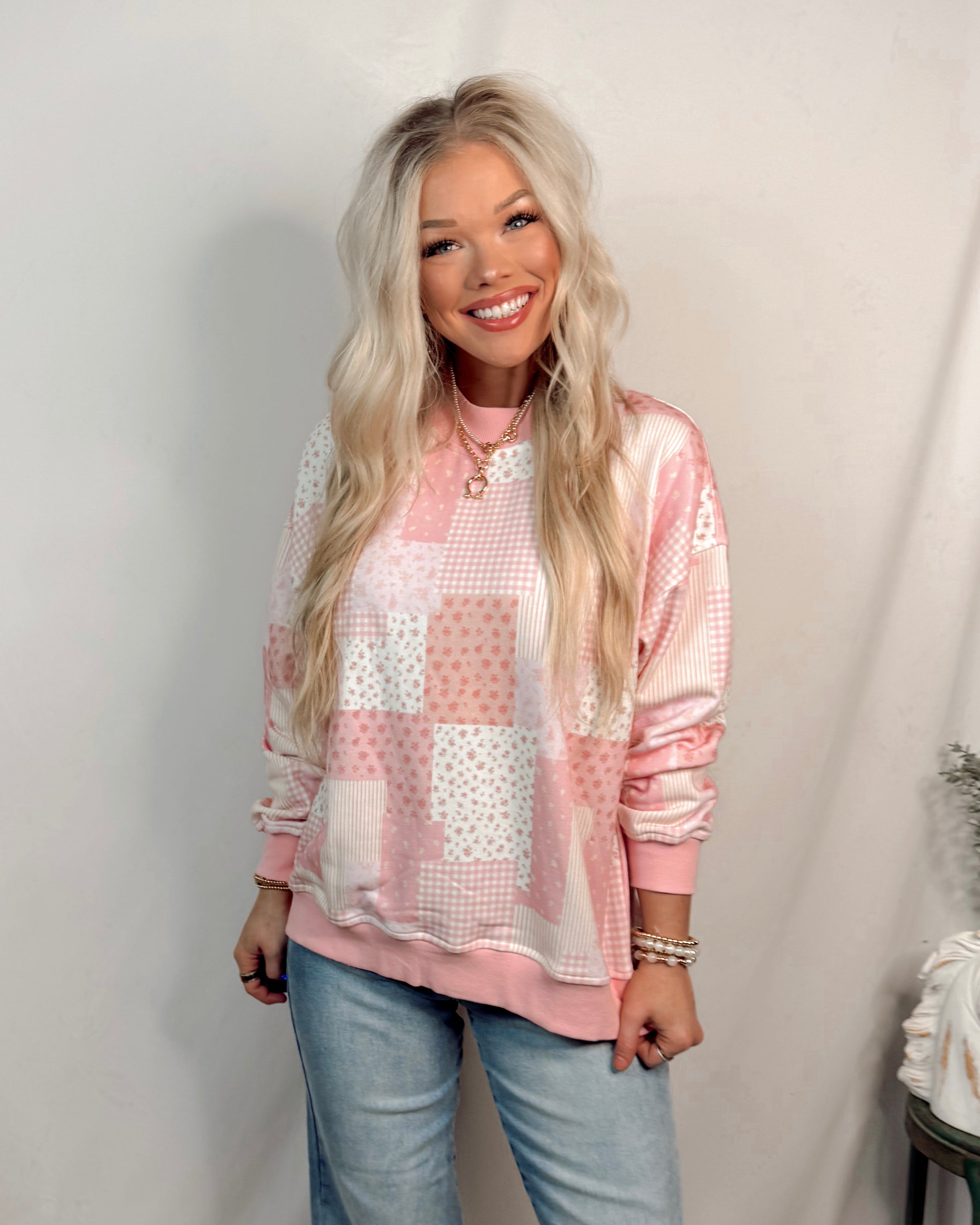 Preppy In Patchwork Printed Mock Neck Sweatshirt