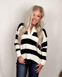 Varsity Collared Striped Knit Sweater Top - Cream/Black