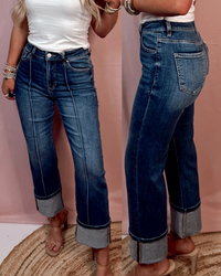 Sundown Denim Dark Wash Front Pleat Cuffed Jeans