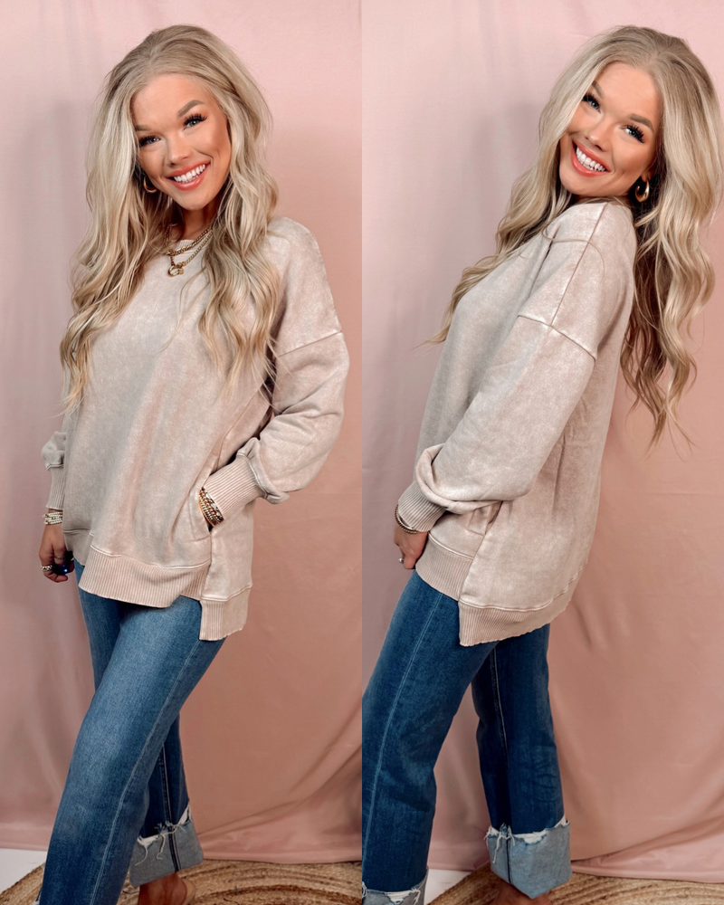 Above Average Acid Wash Hi-Low Pullover Sweater - Ash Mocha