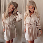 Irresistibly Satin Long Sleeve Dress- Champagne