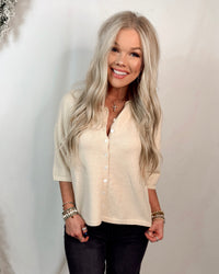 Casual Button Down Knit Short Sleeve Cardigan - Sand