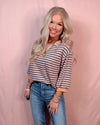 Boardwalk Breeze 3/4 Sleeve Striped Top - Denim and Coral