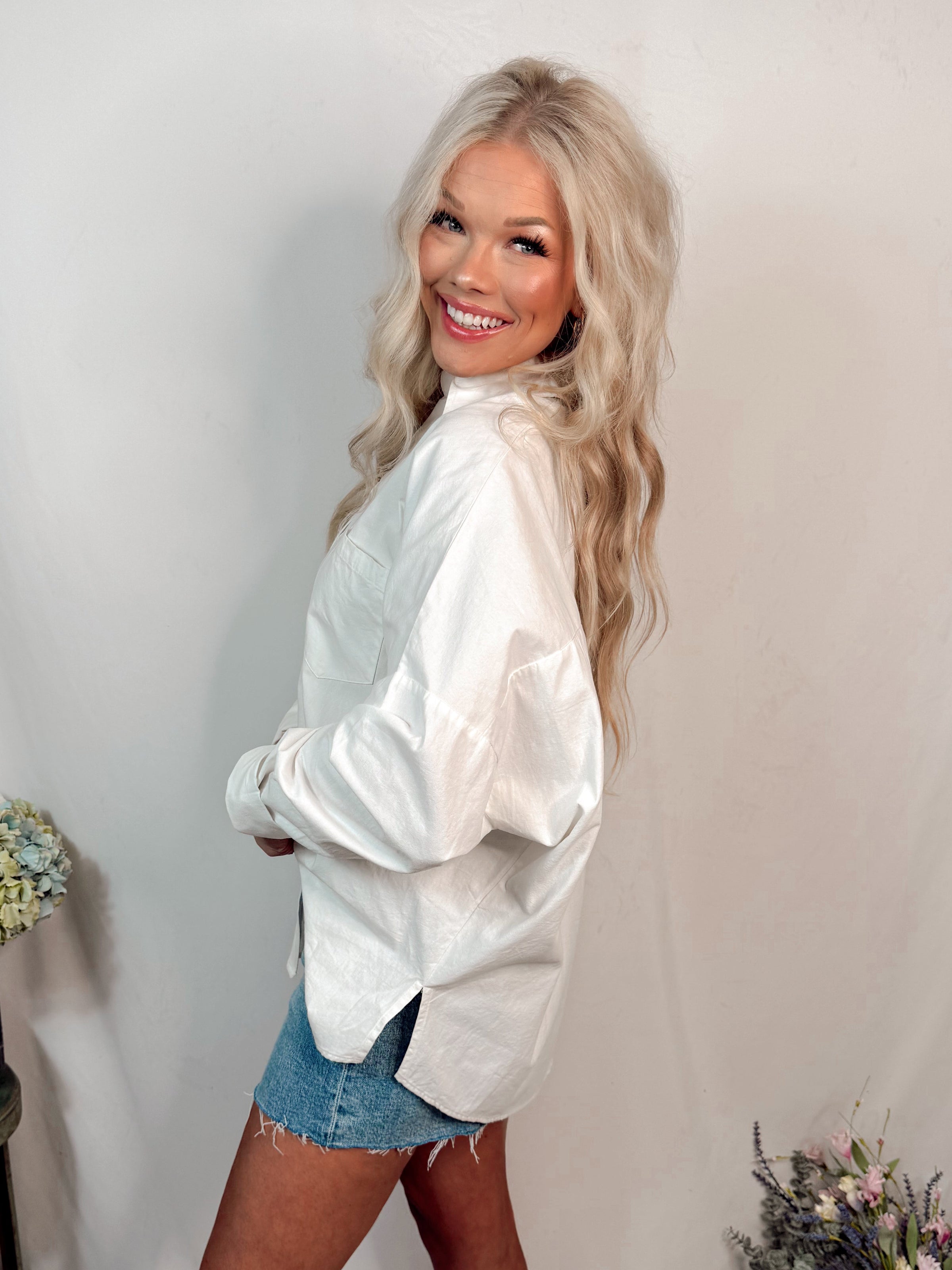 Morning Light Relaxed Oversized Collared Button Up Top - Off White