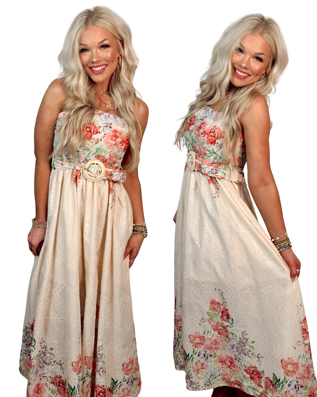Bed of Roses Botanical Print Eyelet Detail Midi Dress w/ Belt