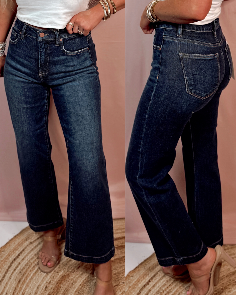 Downtown Dark Wash Tummy Control High Rise Wide Leg Jeans