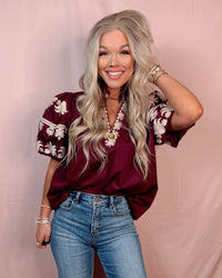 Regal Bloom Embroidered Puff Sleeve Blouse - Burgundy