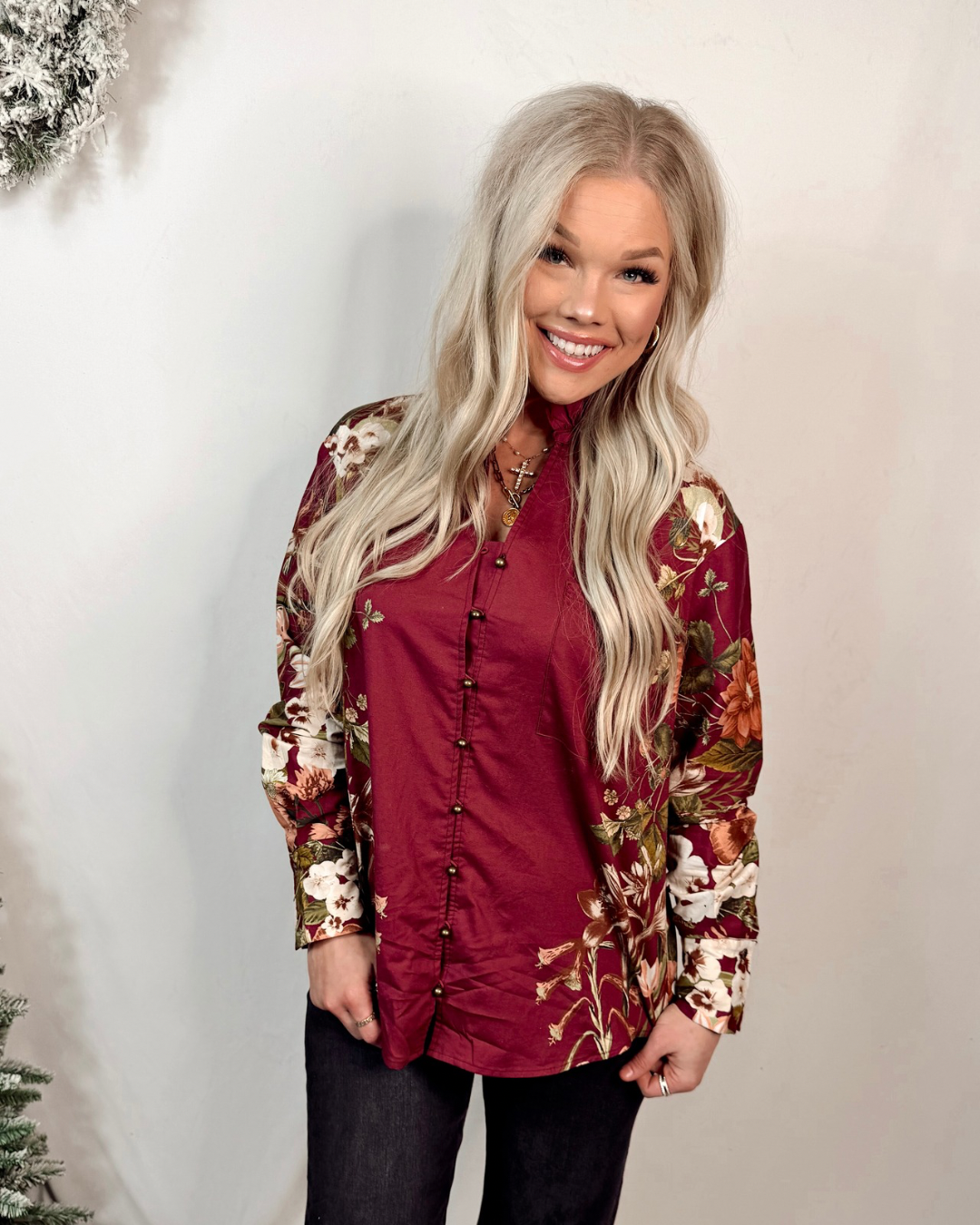 Merlot Manor Floral Print Gold Button Blouse