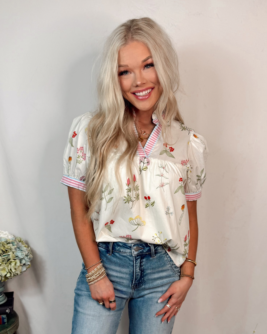Magnolia Meadow V Neck Floral Detailed Blouse