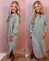 Country Club Brunch Striped Long Sleeve Midi Dress in Green