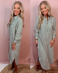 Country Club Brunch Striped Long Sleeve Midi Dress in Green