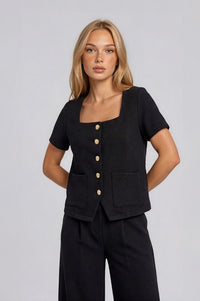 Sophisticated Chic Square Neck Tailored Button Up Top