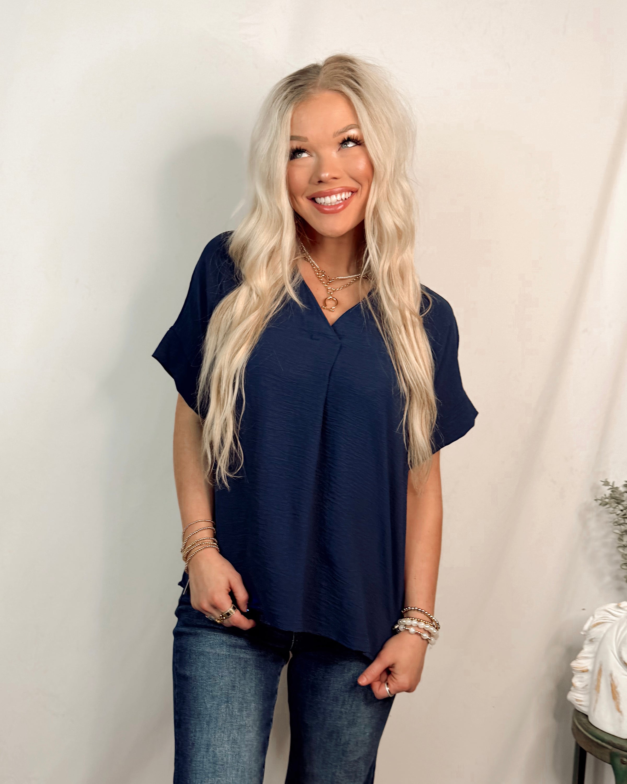 Timeless Touch V Neck Drop Sleeve Top - Indigo Navy