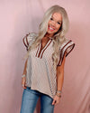 Savannah Striped Ruffle Sleeved Contrast Blouse - Brown